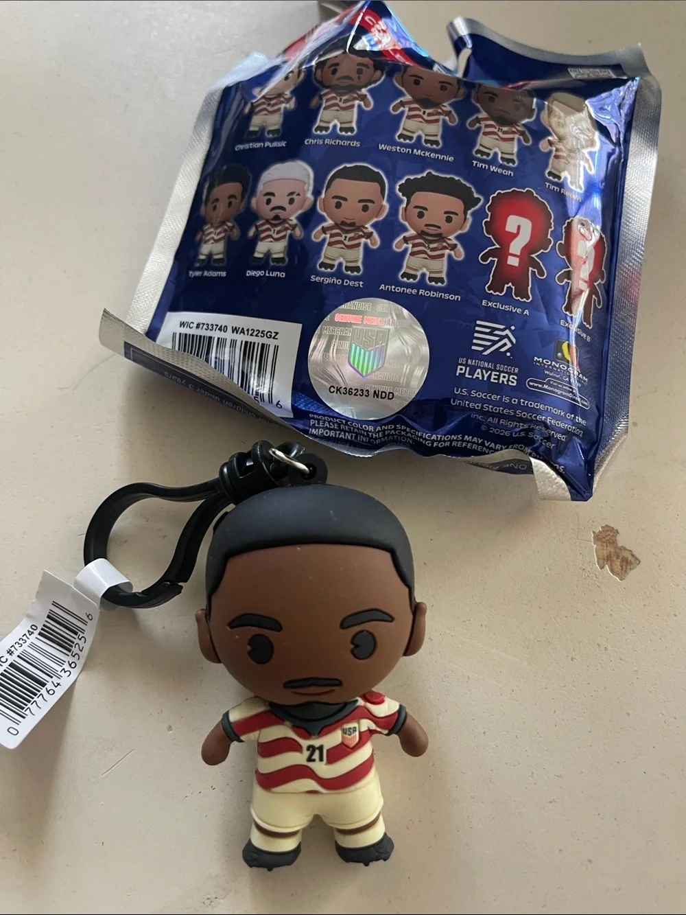 #21 USA Soccer Player Tim Weah Keychain in Navy, Cream & Red